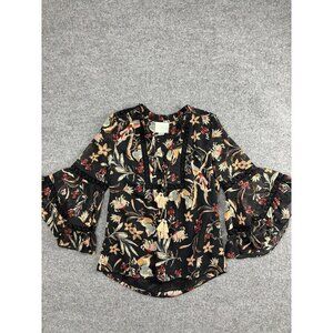 Maeve Shirt Womens Small Black Floral Boho Bell Sleeve Tassel Top Blouse